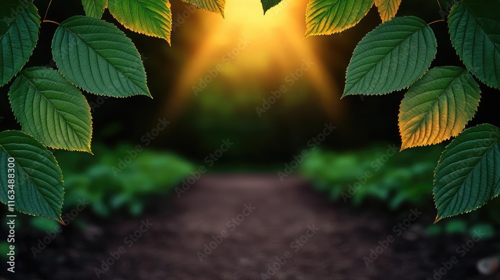 Poster mystical nature concept. sunlight filters through leaves, illuminating a serene forest pathway.