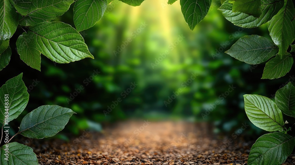 Poster mystical nature concept. a tranquil forest path surrounded by lush green leaves and dappled sunlight