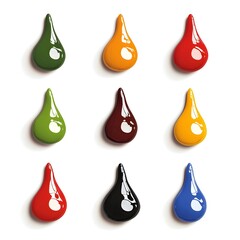 A vibrant collection of paint drops in various colors, including red, orange, yellow, green, brown, black, and blue, displayed against a clean white background.