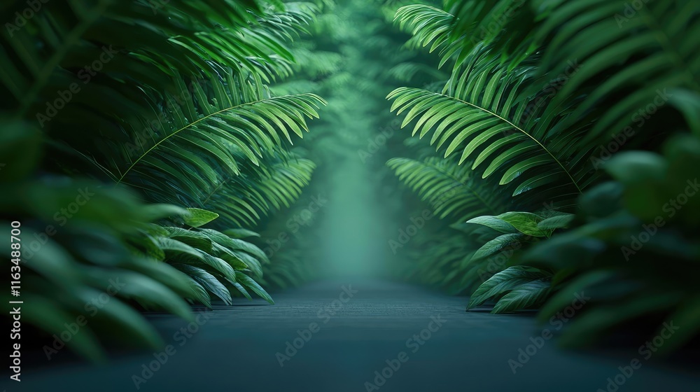 Poster mystical lush idea. a serene pathway bordered by lush green ferns, creating a tranquil environment.