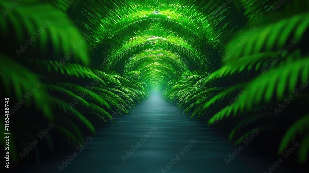 Poster mystical lush idea. lush green ferns create a serene pathway, inviting exploration and tranquility.