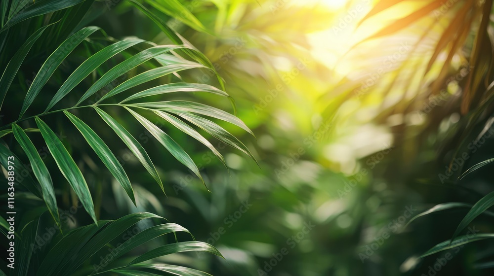 Aufkleber mystical nature concept. lush green palm leaves illuminated by warm sunlight creating a serene atmos