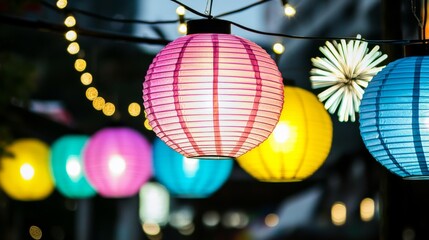 Obraz premium Glowing Paper Lanterns Festive Lights Night Market Decor