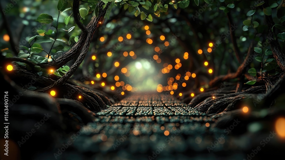 Poster mystical nature concept. enchanting forest path illuminated by glowing lights under a canopy of lush