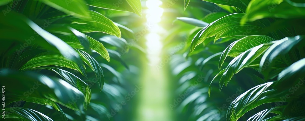 Aufkleber mystical lush idea. vibrant green leaves creating a lush and serene pathway illuminated by soft ligh