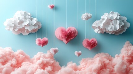 Fototapeta premium Romantic Paper Hearts and Clouds: A Valentine's Day Dream
