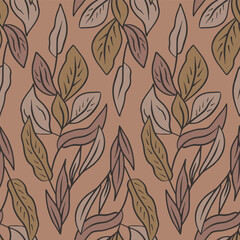 Seamless pattern with neutral earthy tropical leaves on brown background. Line art botanical wallpaper with foliage