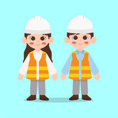 Vector illustration of a boy and a girl, wearing architect costumes. © Picapi