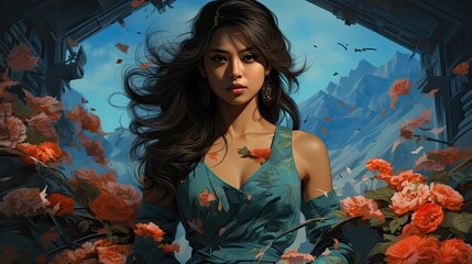 A young woman with long brown hair stands amidst blooming orange roses, a majestic mountain range in the background.