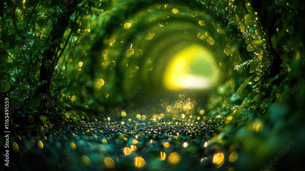 Poster mystical lush idea. a serene glimpse through a lush green tunnel illuminated by soft, glowing lights