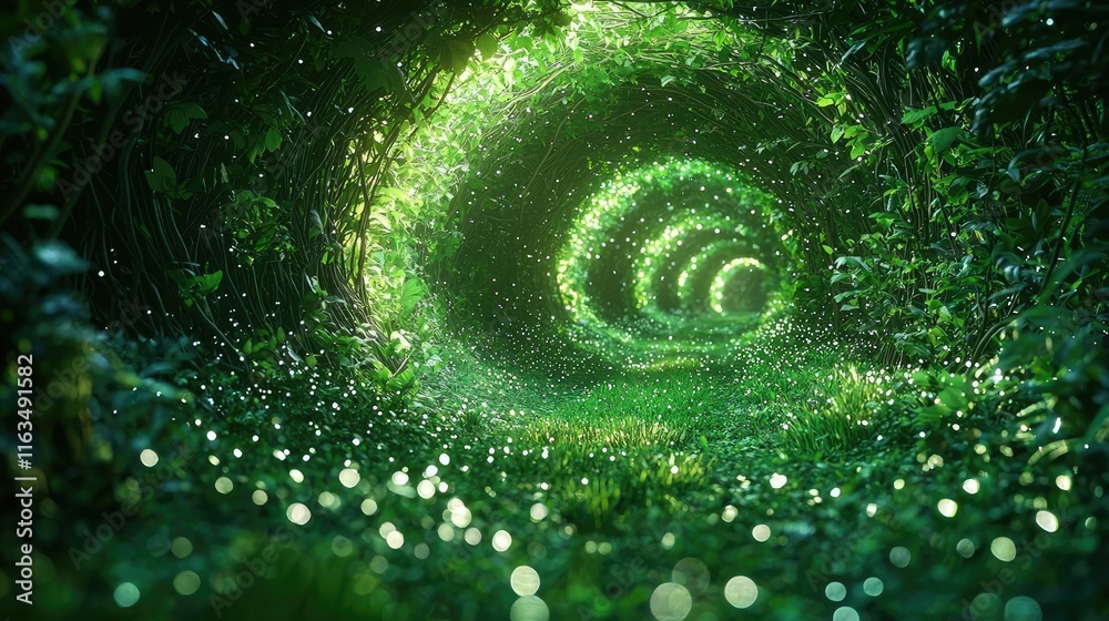 Poster mystical lush idea. a mesmerizing green tunnel surrounded by lush vegetation and sparkling lights.