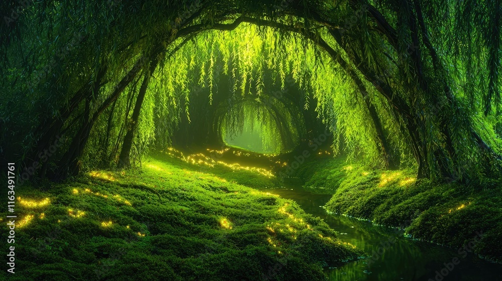 Aufkleber mystical lush idea. a serene, illuminated forest scene with vibrant green foliage and soft glowing l
