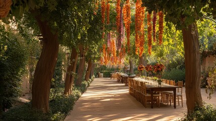 Serene Garden Pathway Decorated with Colorful Floral Arrangements