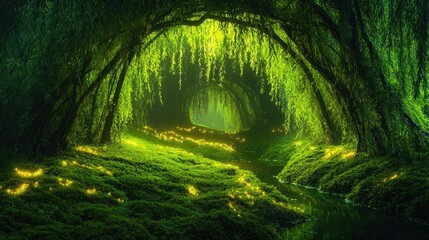 Mystical lush idea. A serene, illuminated forest scene with vibrant green foliage and soft glowing light.