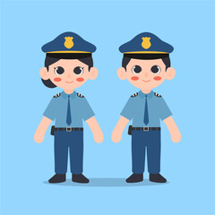 Vector illustration of a boy and a girl, wearing police officer costumes.
