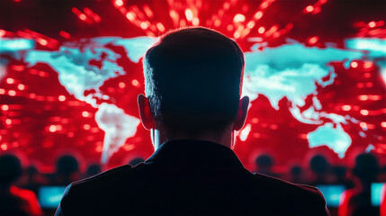 A man in a dark suit sitting in front of a digital world map with glowing red connections, symbolizing global business and international networking.