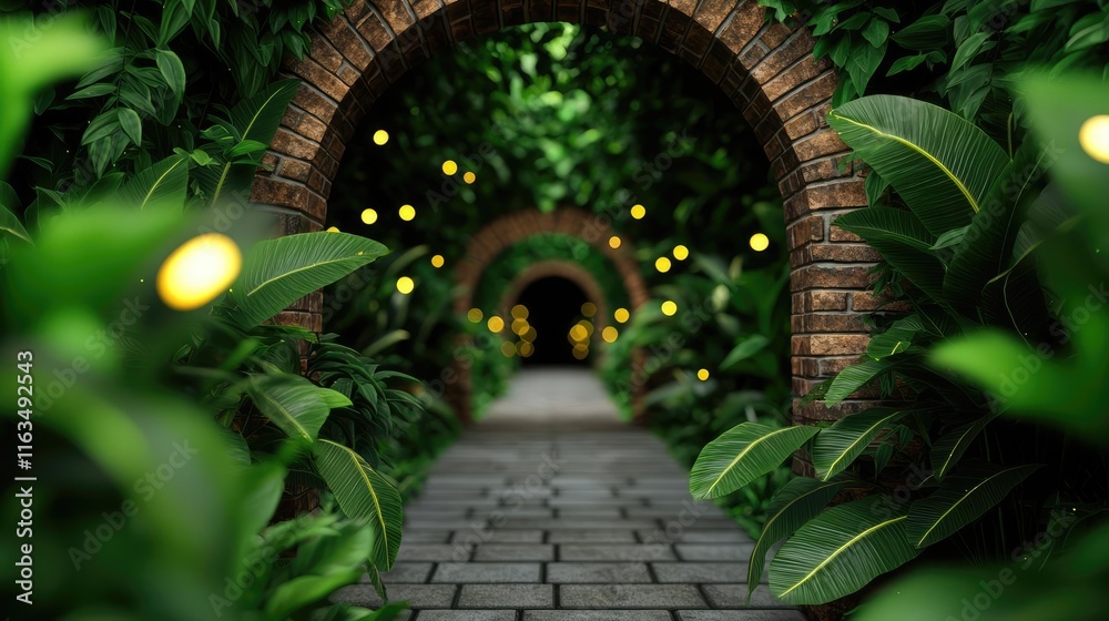 Aufkleber mystical lush idea. a serene garden pathway illuminated by glowing lights surrounded by lush greener