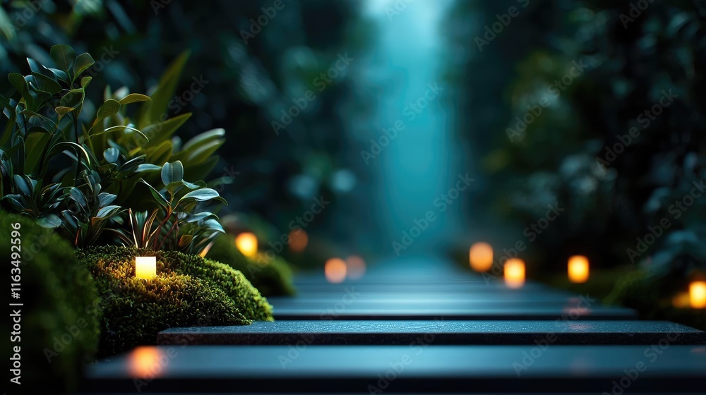 Aufkleber mystical nature concept. a serene path illuminated by soft candlelight amid lush greenery.