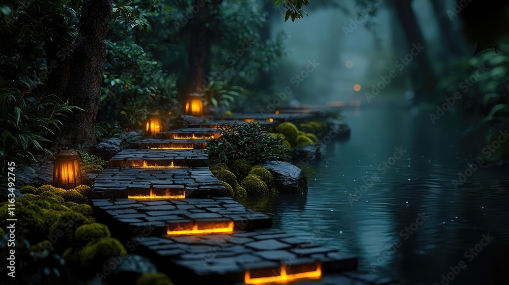 Aufkleber mystical nature concept. a tranquil pathway illuminated by lanterns in a serene forest by a calm wat