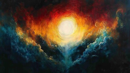 Abstract painting of a bright sun shining through dark clouds.