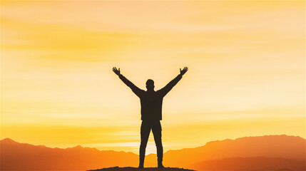 Fototapeta premium Silhouette of a person raising arms against a vibrant orange sunset, symbolizing freedom, success, and the beauty of nature's serenity.