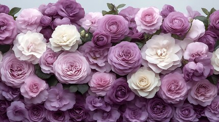 A profusion of purple and white roses creates a lovely floral arrangement