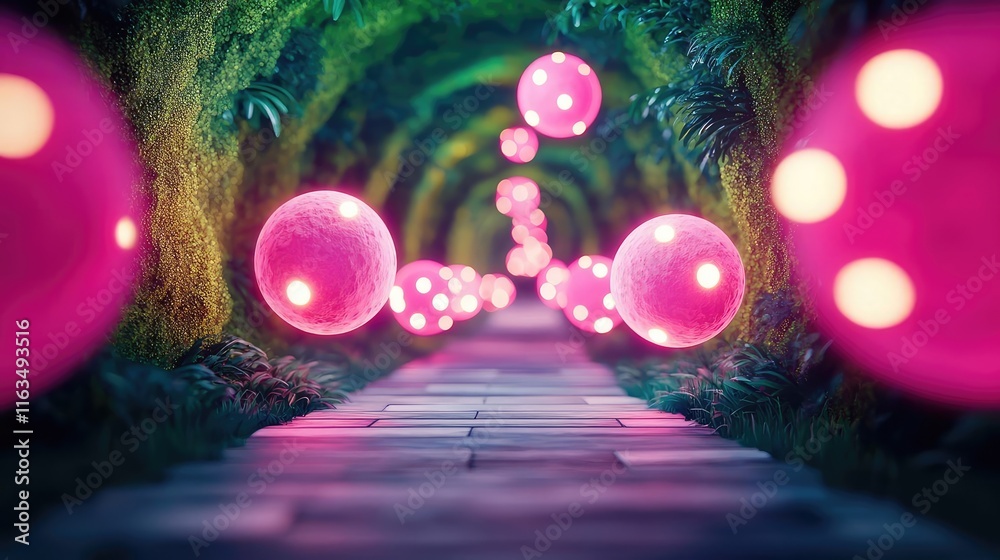 Poster mystical nature concept. a surreal pathway lined with glowing spheres and vibrant greenery inviting 