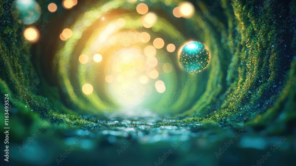 Poster mystical nature concept. a magical, illuminated tunnel surrounded by lush greenery and sparkling orb