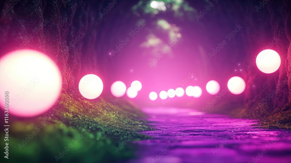 Poster mystical nature concept. a mesmerizing path illuminated by glowing orbs amidst a vibrant forest back