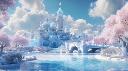 illustration of an ice castle kingdom, surrounded by a lake and trees with pink leaves