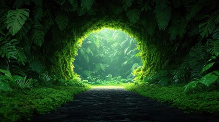 Mystical tropical concept. A serene pathway through a lush green forest with sunlit foliage.