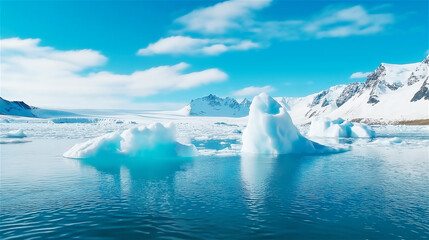 Icebergs floating in a crystal blue ocean with a vibrant blue sky. A striking representation of the Arctic's pristine beauty and fragility.