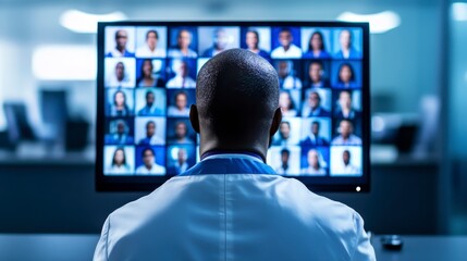 A healthcare professional reviewing diverse virtual patient profiles on a large computer monitor in a modern medical environment