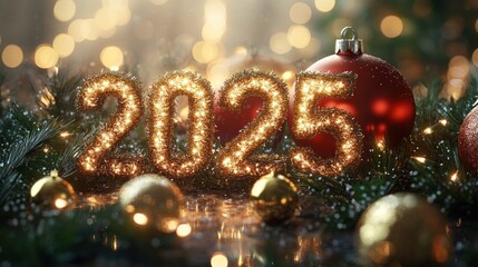A traditional holiday scene filled with rich gold and red decorations, fir branches, and a large "2025" sign made from shimmering tinsel and fairy lights, creating a warm and festive atmosphere.