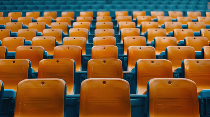 Obraz premium Rows of Empty Stadium Seats in Bright Orange Color with Blue Background, Perfect for Sports Events, Arenas, and Outdoor Gatherings