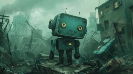 Sweet old robot standing in front of a destroyed city, a mix of futuristic ruins and fog, an imaginative painting of a sci-fi cyborg.