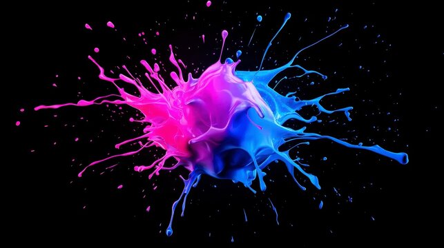 A vibrant splash of pink and blue paint creating a stunning visual explosion against a dark background