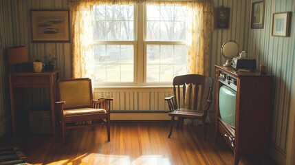 Sunlit vintage room with wooden chairs, retro TV, and window view.