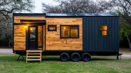 Stylish modern tiny house on wheels featuring a wooden exterior and warm lighting, set in a serene outdoor environment