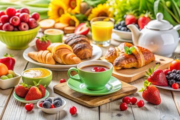 Breakfast Table, Delicious Pastries, Fresh Fruit, Cheese, Coffee