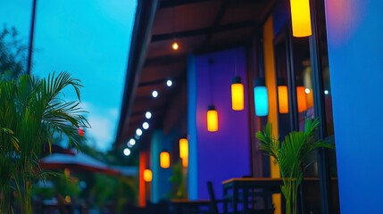 Obraz premium Cozy and vibrant outdoor dining area with colorful lanterns and lush greenery during twilight