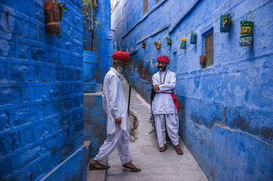 Two local men with white tunic in the blue city, Jodhpur
