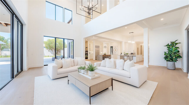A spacious, modern living room with natural light pouring in. Features clean white furniture and lush green plants, ideal for interior design or real estate themes.