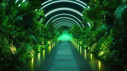 Naklejka premium Mystical tropical concept. A vibrant green walkway illuminated by neon lights, surrounded by lush tropical plants.