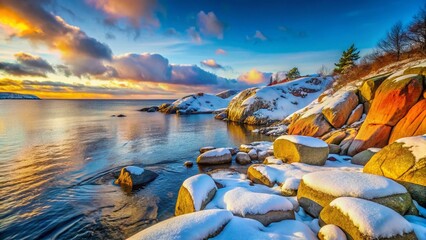 Calm Norwegian Coast - Snowy Rocks & Ocean