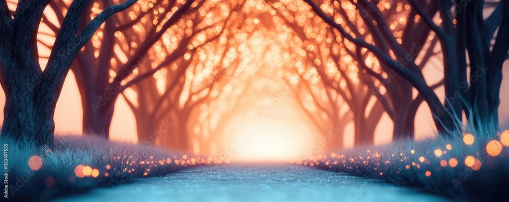 Poster mystical nature concept. a mystical sunset illuminating a tranquil forest path with glowing accents.
