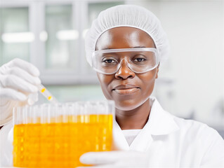 Scientist in a white coat conducting an experiment with a yellow liquid in a laboratory, symbolizing innovation, discovery, and scientific progress.