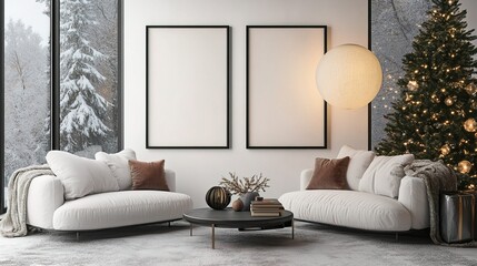 Mockup black poster frame with christmas decoration in home interior