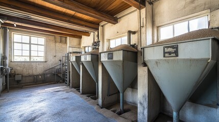 Fototapeta premium Industrial Grain Storage Silos in Minimalist Warehouse Interior