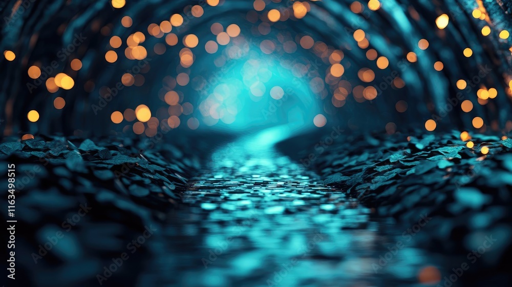 Poster mystical nature concept. a serene pathway illuminated by colorful lights, perfect for tranquility an